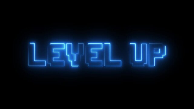 Retro pixelated "Level Up" text glows with achievement, inspiring progress and victory. Motion graphics of gaming concept.