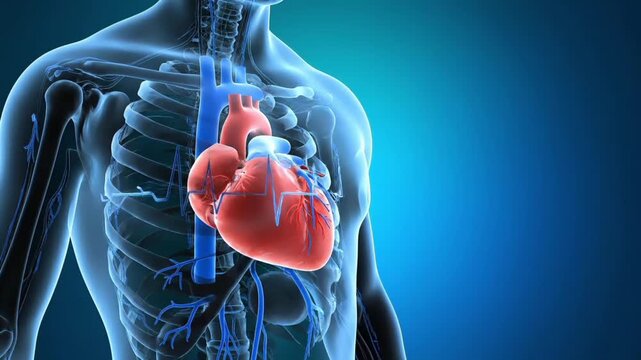 Detailed illustration of a human torso with a visible heart and skeletal system against a blue gradient background.