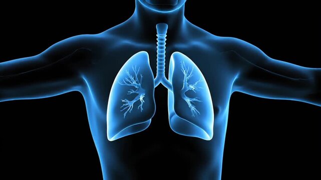 A detailed, glowing blue illustration of the human anatomy, focusing on lungs and trachea against a black background.