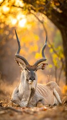 Kudu lies relaxed on dry ground, with golden light shining through the trees