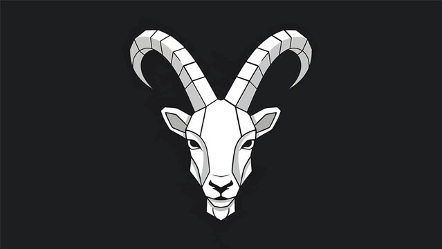 Detailed illustration of a goats head with prominent horns and a serious expression.
