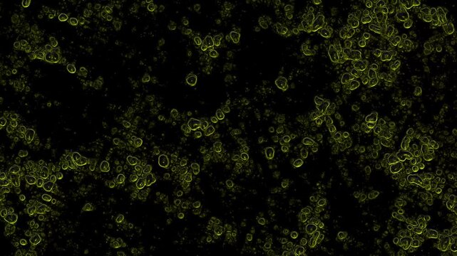 Dark background illuminated by glowing green cells with intricate details visible under microscopic view using API key concepts like 