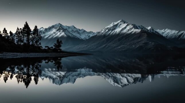 in the evening, snow-capped mountains in new zealand stand tall and straight on both sides of a lake with a reflection. the photography is high definition, with a minimalist style, clean background, 