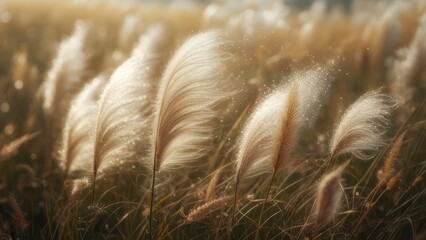Fluffy grass plumes in golden light