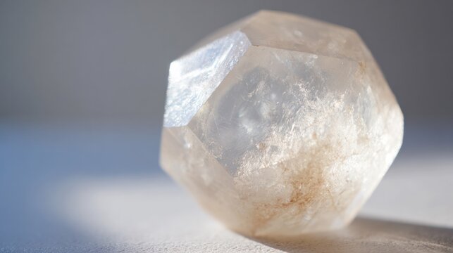 A naturally formed icosahedral crystal mineral, refracting geometric light in soft natural lighting against a clean background. STEM education sheets.