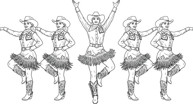 Line dance cowgirl illustration set with western hats and boots, country choreography sequence, hand drawn vintage rodeo style female dancer poses isolated vector