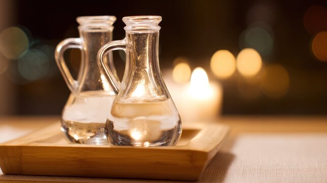 Elegant glass cruets on a wooden serving tray illuminated by ambient candlelight, creating a cozy dining mood. bar promotions, beverage menus.