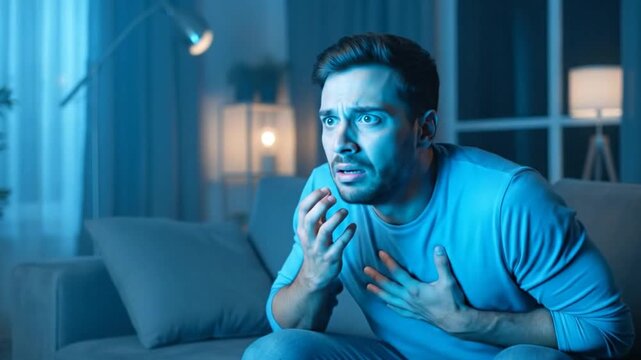 Handsome man recoils in fear watching horror movie on a couch at night.