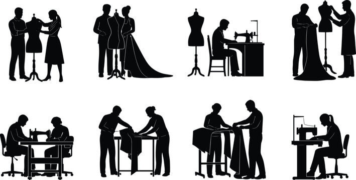 Fashion designer and tailor silhouettes set, clothing fitting scenes with clients, dressmaking studio workflow, sewing machine work and garment consultation isolated vector