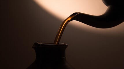 Dark amber liquid pouring from a flagon, creating a smooth arc. bar promotions, beverage menus, designed for product packaging and bar promotions, used by government communicators.