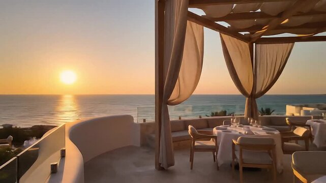 High-end photorealistic architectural render of a modern Greek fine dining restaurant in a Red Sea beach club resort. Open-air curved architecture inspired by an existing SketchUp design