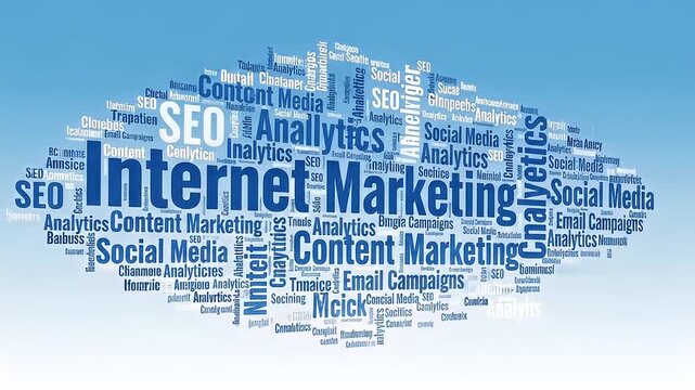 Internet Marketing Content Marketing SEO Social Media Analytics Digital Strategy Cloud Word Art on Blue Sky Background
