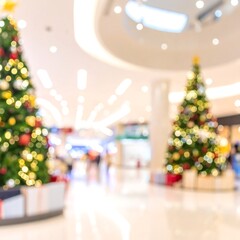 Blurred festive scene decorated trees in a bright, softly-lit shopping mall atrium with blurred figures in the background
