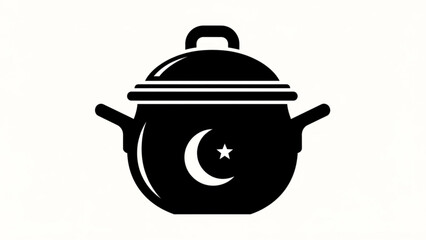 Black silhouette of a cooking pot with a crescent moon and star on the front symbolizing culinary traditions and cultural heritage in a minimalist style