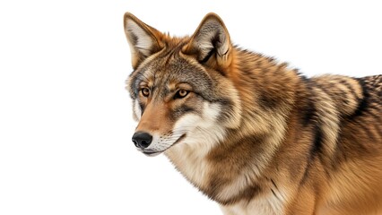 Fototapeta premium Majestic close-up portrait of a red wolf or coyote with distinct fur patterns against a clean white background, showcasing its wild beauty