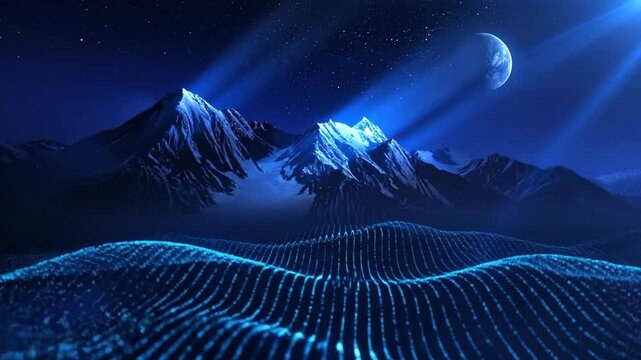 Stunning digital art of mountains and a moon in a beautiful night sky.