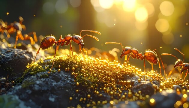 Ant Colony on Mossy Rock in Golden Light - Insect Macro