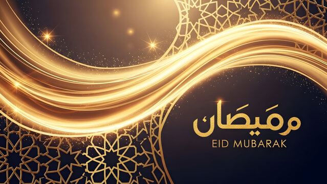 Dynamic Gold Light Streaks Ramadan Eid Mubarak Background with Sparkling Particles and Islamic Geometric Patterns