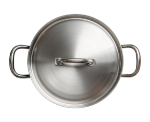 Stainless steel cooking pot with lid and handles, isolated on transparent background
