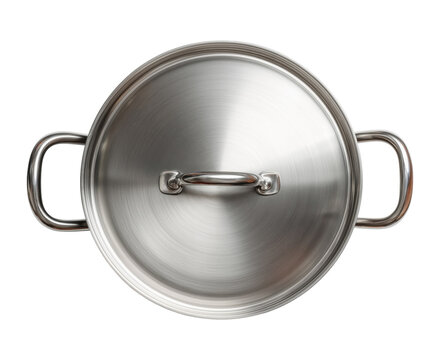 Stainless steel cooking pot with lid and handles, isolated on transparent background