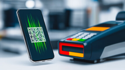 Mobile Payment with QR Code Scanning at POS Terminal, Contactless Digital Wallet Transaction Concept