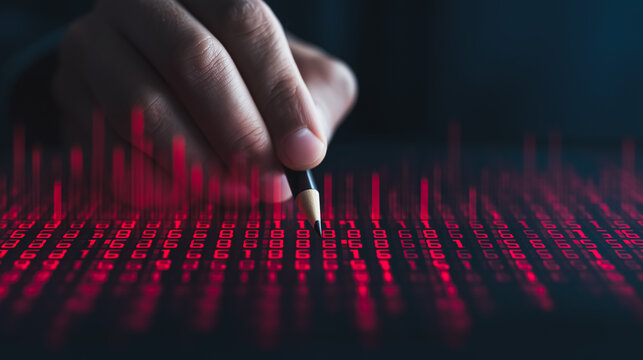 Hand Analyzing Digital Data with Pencil on Red Binary Code and Glowing Bars - Powered by Adobe