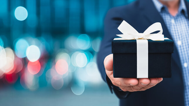 Man Offering Luxury Gift Box with Ribbon Against Night Bokeh Lights