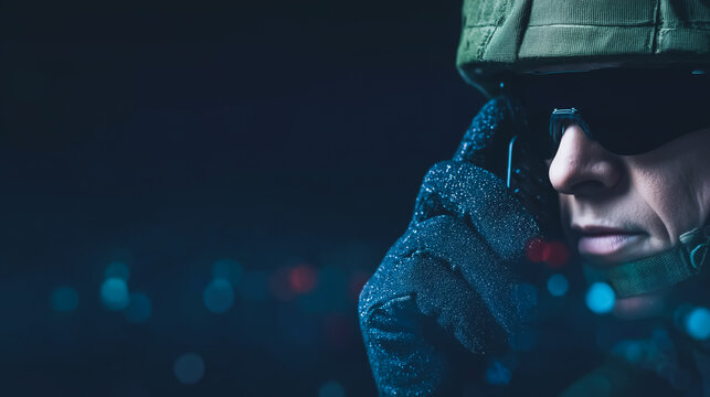 Tactical Soldier Communicating on Radio at Night (Close-up, Cinematic Style)