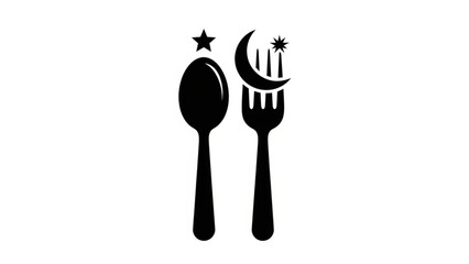Black silhouette of spoon and fork with star and crescent moon on white background for ramadan or festive dining with icon and symbol and logo