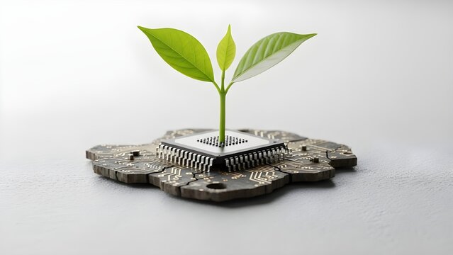 Green Sapling Growing from Computer Chip &ndash; Sustainable Technology & Eco-Innovation Concept