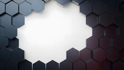 High-angle 3D render of dark matte black hexagonal pillars at varying heights, creating a sleek, minimalist geometric texture with soft lighting