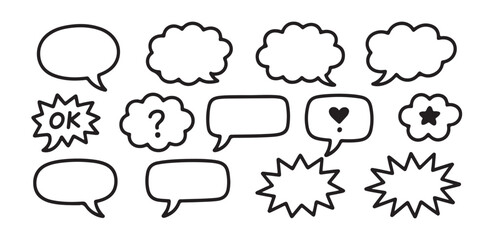 Fototapeta premium Speech bubble vector set hand drawn comic clouds sketch dialogue balloons with thought message box