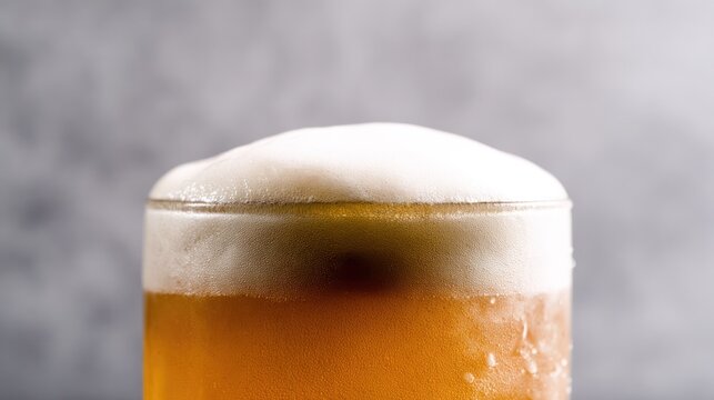A glass of beer with frothy foam top, featuring golden liquid and bubbles with soft ambient backlighting. bar promotions.