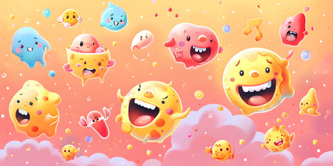 A vibrant illustration showcasing a collection of whimsical, animated creatures with joyful expressions, various pastel hues, and smiling faces, set against a cheerful, light background