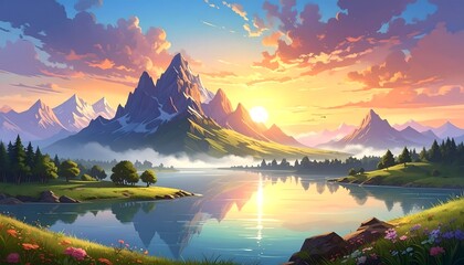 Vibrant Sunrise Illuminates Majestic Mountains and a Calm Lake, A Breathtaking Nature Landscape Illustration Capturing Tranquility and Colorful Dawn Reflections