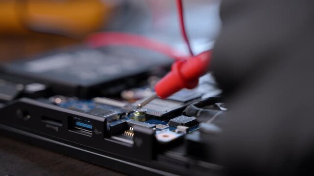 Close-up of gloved hands using multimeter probes to test an electronic circuit board. Precision electrical diagnostics, hardware repair, professional elec. maintenance.
