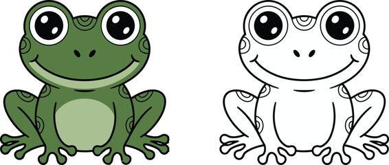 Obraz premium Cute cartoon frog illustration, green and black‑and‑white versions, perfect for coloring books, children’s art projects, stock image