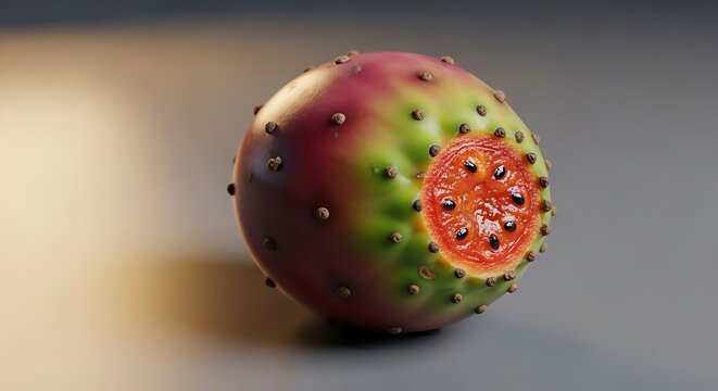 A single prickly pear fruit with a bite taken out revealing its vibrant flesh