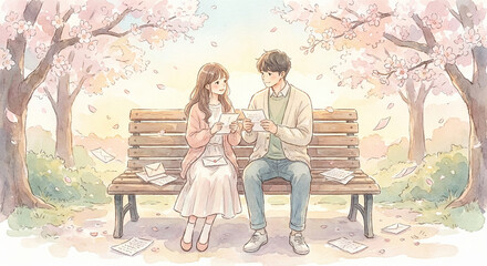 Couple sitting on a bench under blooming cherry blossom trees, enjoying a peaceful moment together amidst falling petals