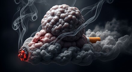 Smoking cigarette with smoke and a tumor, health hazard concept.