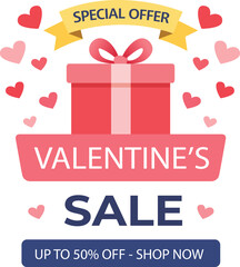 Valentine's Day sale promotion banner template with gift box, hearts, and discount message vector illustration
