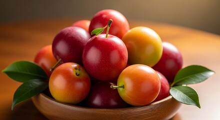 A bowl of ripe plums and nectarines with green leaves