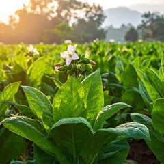 Blossoming tobacco plants bask in the sunlight, stretching towards distant mountains in a verdant field