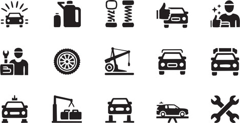 Auto service vector illustration for mechanic tattoo or garage logo. Glyph pictograms of battery, tire, tow truck, shock absorber and car tools