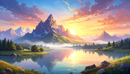 Breathtaking mountain lake landscape at dawn with vibrant colorful sky reflecting in calm water, a peaceful nature scene at sunrise creating a majestic vista