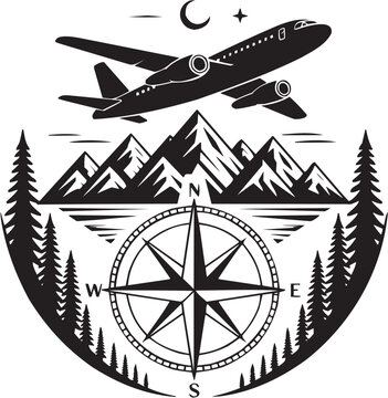 Flight compass vector illustration for travel tattoo or adventure logo. Glyph pictograms of airplane flying over mountains, trees and compass rose