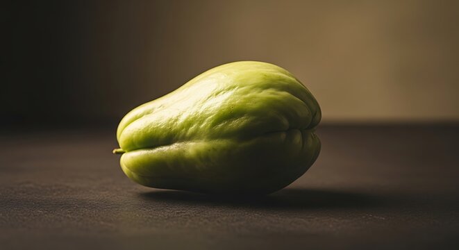 Single green chayote squash on a dark surface