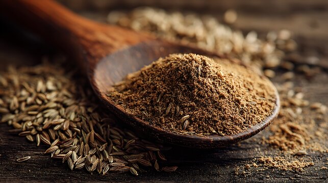 Cumin Powder and Seeds on Wooden Spoon