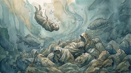 Watercolor painting where a pile of dead bodies is lying underwater, dead body floating down from top to bottom, water bubbles, and large fish, concept of death and destruction.
