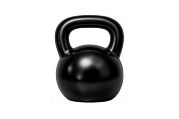 Black kettlebell with smooth surface for strength training and gym workouts, isolated on a transparent background